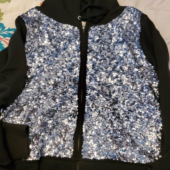 PINK Victoria's Secret Black Silver Sequin Bling Hoodie - Picture 4 of 7